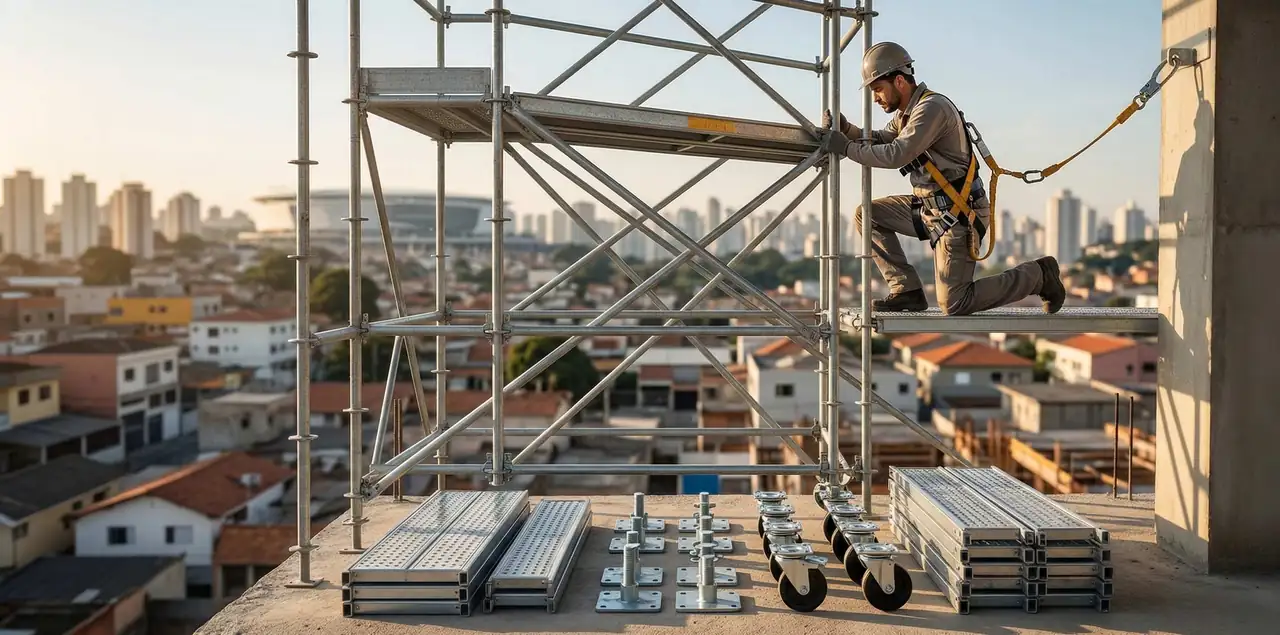 Montador com cinto de segurança em andaime tubular, com a Zona Leste de São Paulo e a arena de Itaquera ao fundo