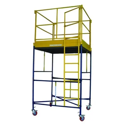 Andaime tubular com plataforma, guarda-corpo, escada e rodízios